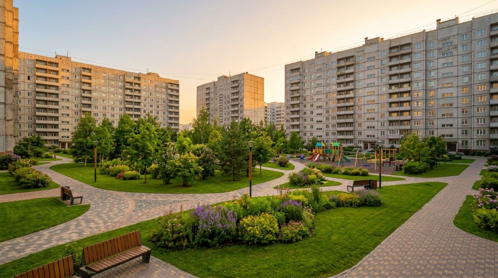 После озеленения двора